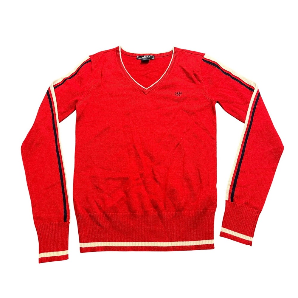 Ariat Ultimo Logo Sweater Merino Wool Red Equestrian V neck Pullover Small
